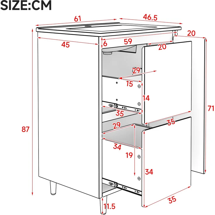 61*46.5*87cm, freistehender Badezimmerwaschtisch, komplett lackierte Oberfläche, integriertes Keramikbecken, Soft-Close-Scharniere, zwei Schubladen, hohes Fußdesign, blau. – Bild 7