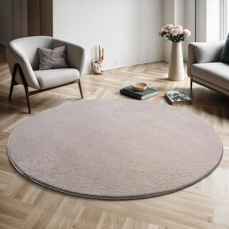 the carpet Relax Moderner Flauschiger Kurzflor Teppich, Anti-Rutsch Unterseite, Waschbar bis 30 Grad, Super Soft, Felloptik, Sand, 200x200 cm Rund – Bild 2