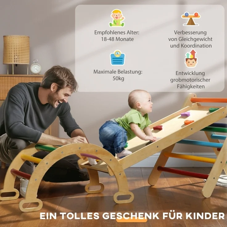 LVHOM 5-in-1 Klettergerüst aus Holz, Pikler Dreieck mit Rutsche & Bogenbrücke, faltbares Kletterdreieck für Kleinkinder, Motorikspielzeug bis 50 kg – Bild 8