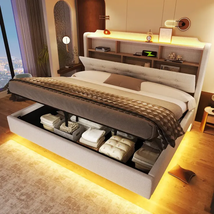 Polsterbett mit LED-Streifen, Type-C, USB und Stauraum, in schwebender Optik, gepolsterter Kopfteil, 180x200 cm, Doppelbett, Stauraumbett, Leinen