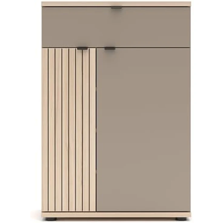PISA Schuhschrank mit 1 Schubkasten, 2 Holztüren in Basalt matt mit Leistenoptik Riva Eiche – FSC-Zertifiziert – Modernes Schuhregal mit 3 Fachböden – 70 x 103 x 38 cm (B/H/T) – Bild 3