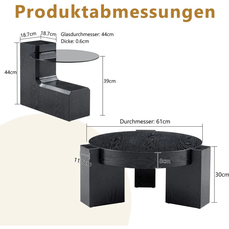 DESVIAE Couchtisch-Set 2-tlg. mit Sicherheitsglas, Ø61x30 cm, MDF in Schwarz Holzoptik – Bild 10