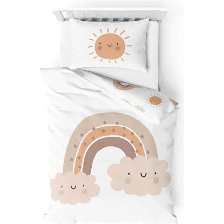 MTOnlinehandel Babybettwäsche Little Sunrise Biber/ Flanell in 100x135 + 40x60 cm, Boho, 100% Baumwolle, 2 teilig, Winterbettwäsche kuschelig und weich, Regenbögen und Sonne, weiß – Bild 2