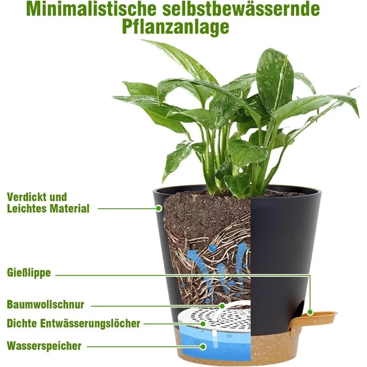 6er Set Selbstbewässernde Blumentöpfe 12.7-20.3cm Schwarz – Bild 3