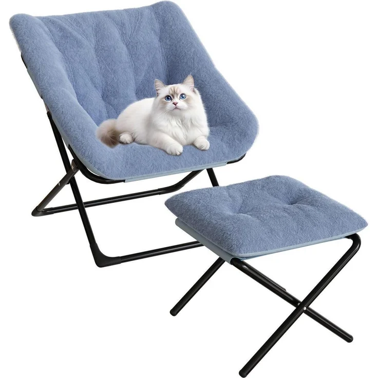 Relaxsessel Ohrensessel Eisenrahmen Kaninchenfell Blau – Bild 1