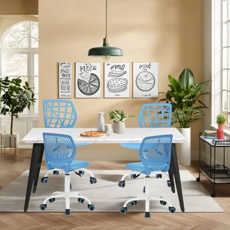 FurnitureR Esszimmer-Drehstühle, 1PC Küchenstuhl, gepolsterter Stuhl, Drehstuhl, bequemer Stuhl mit Rädern, Rückenlehne, armloser Stuhl für Esszimmer, Wohnzimmer, Blau – Bild 2