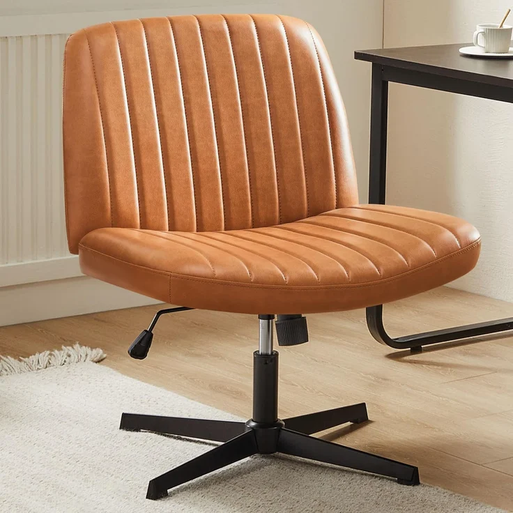 Sweetcrispy Criss Cross Chair Legged, Armless Office Desk Chair No Wheels, Swivel Vanity Chair, Height Adjustable Wide Seat Computer Task Chair, Fabric Vanity Modern Home Chair Brown