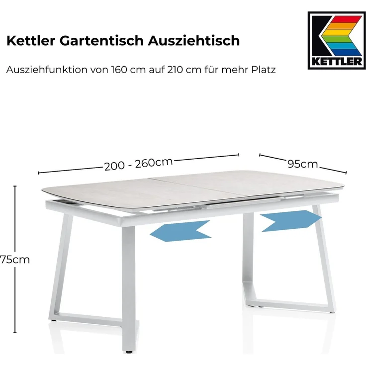 Kettler Ausziehtisch, Garten-/Esstisch, 200/260 x 95 x 75 cm, Aluminiumgestell silber, Keramik-Glas-Tischplatte grau, innen und außen nutzbar – Bild 3