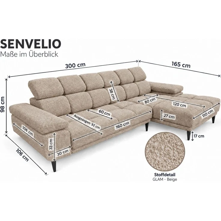 Ecksofa Schlafsofa SENVELIO RELAX in Stoff Glam Beige Ottomane Rechts – Bild 6