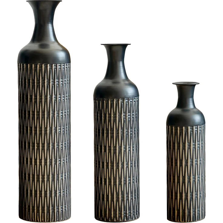 LVHOM 3er Set Bodenvase, Große Vasen aus Metall mit Rillenmuster, Dekovase für Trockenblumen, Höhen 50/66/83 cm, Vasen Set für Wohnzimmer, Flur und Büro, Schwarz – Bild 2