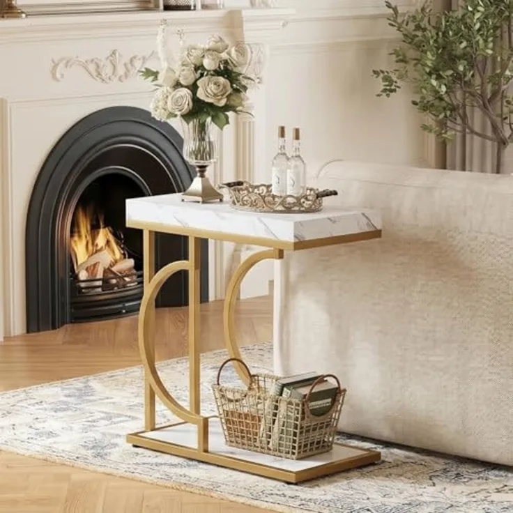 LITTLE TREE Schmaler Beistelltisch, C-förmig, moderner Nachttisch, Kleiner rechteckiger Beistelltisch für Sofa und Couch mit Metallgestell für das Wohnzimmer, Kunstmarmor Weißgold