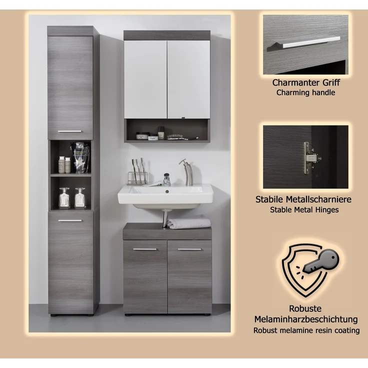 Badset 3-tlg. 'Runner' mit Hochschrank, Unterschrank & Spiegelschrank, Sardegna Rauchsilber, ohne Waschbecken – Bild 13