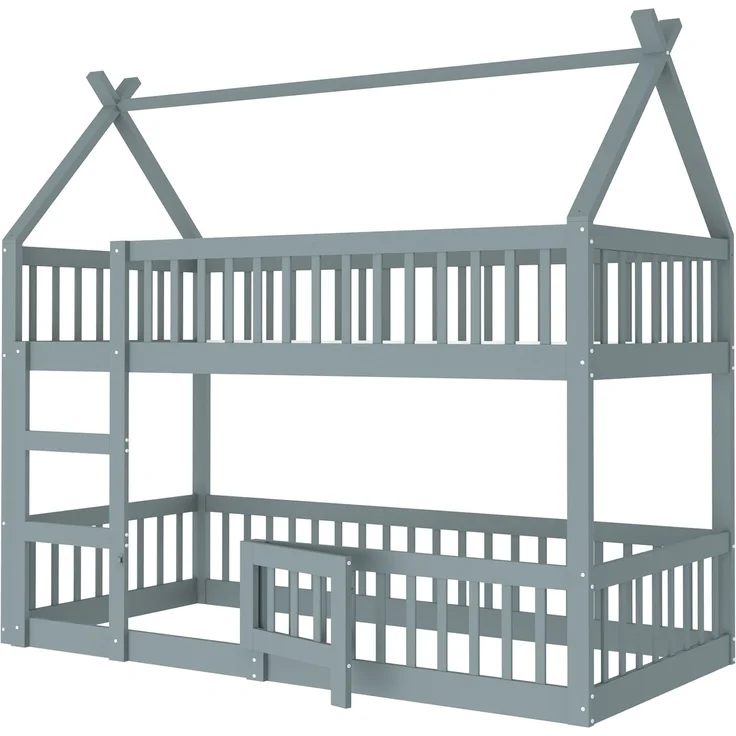 Hochbett Mit Spielebene Grau 90x200 Holz Metall Sicherheitsgeländer Treppe 120kg Tragkraft Kinderzimmer Spielbett Schlafbereich Multifunktional – Bild 7
