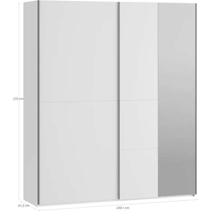 Forte FITTIO Kleiderschrank 200, moderner Schwebetürenschrank, 2-türig, Kleiderstange, Einlegeböden, Spiegel, Schlafzimmer, Holzwerkstoff, Weiß, 200,1 cm breit x 235 cm hoch x 61,2 cm tief – Bild 2