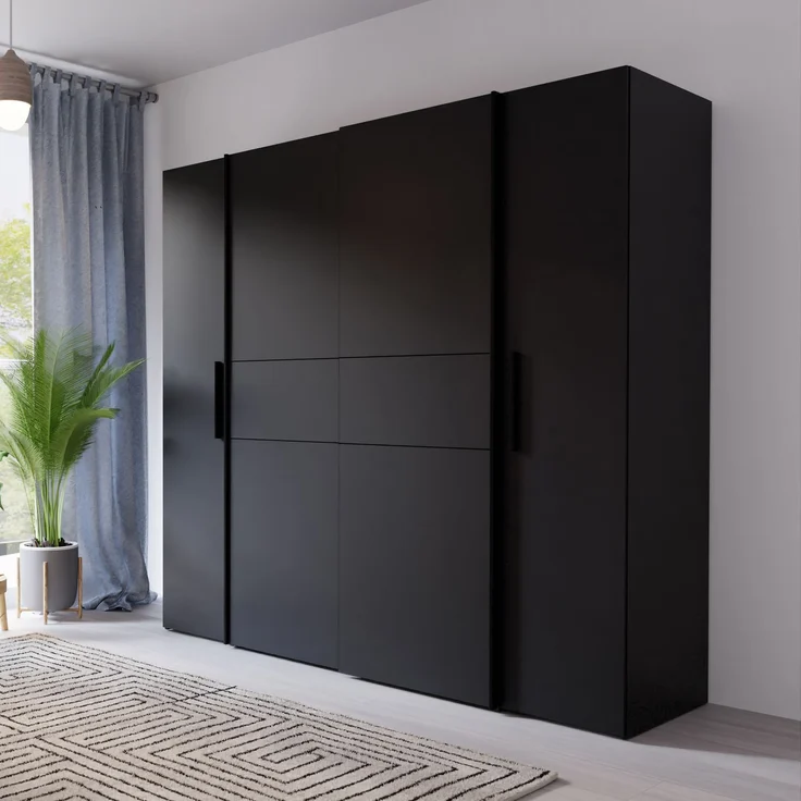 Forte KALIXTUS schwarzer Kleiderschrank 200, moderner Schwebetürenschrank, 4-türig, Holzwerkstoff, Schwarz Matt, 200,1 cm breit x 190,5 cm hoch, 61,2 cm tief – Bild 1
