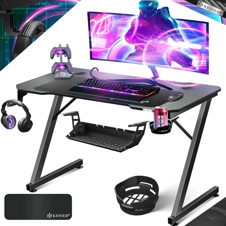 KESSER® Gaming Tisch LED, Z-Form Gamer Schreibtisch, Kopfhörerhaken & Kohlebeschichtung, Ergonomischer PC Computertisch. Stabiler Tisch mit Mauspad & Getränkehalter 100 x 60 cm, Schwarz Carbon – Bild 1