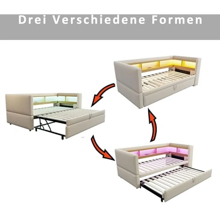Ball & Cast Polsterbett Ausziehbares Schlafsofa 90/180 * 190cm, ausgestattet mit LED Leuchten, Steckdosen und vielen Ablagefächern, Polsterbett, Multifunktionsschlafsofa, Einzelbett, Beige – Bild 5