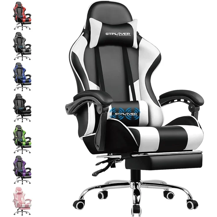 GTPLAYER Bürostuhl Gaming Stuhl Massage Gaming Sessel Ergonomischer Gamer Stuhl mit Fußstütze, Kopfstütze Massage-Lendenkissen, Gepolstert Gaming Chair, Drehsessel Weiß