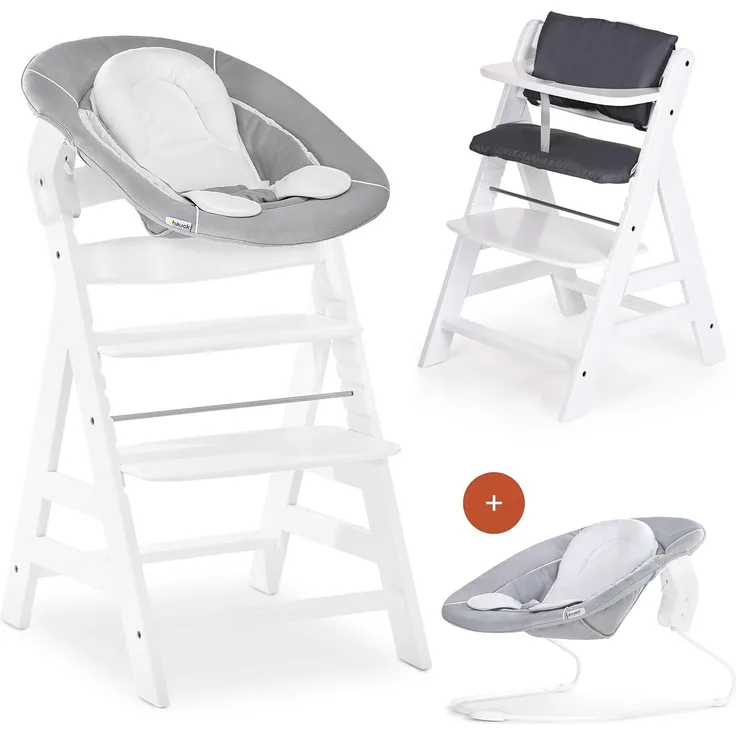 Hauck Alpha Newborn Set - Baby Holz Hochstuhl ab Geburt mit Liegefunktion inkl. Aufsatz für Neugeborene und Hochstuhlauflage, mitwachsend, höhenverstellbar - Weiss Grau