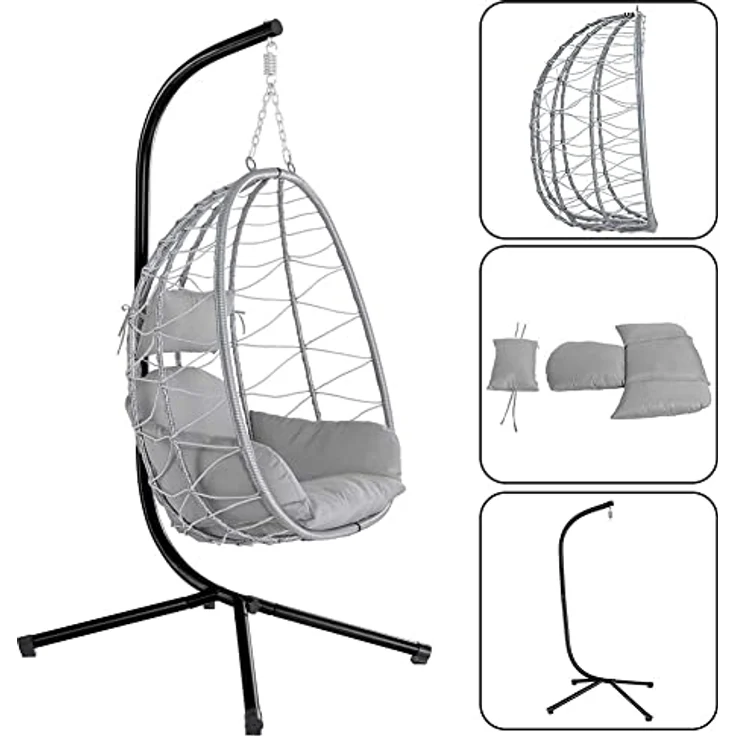 BAKAJI Hängesessel für den Garten, Schaukelstuhl, Hängematte für den Außenbereich, Gestell aus Metall, Nest aus Rattan und Seil + gepolstertes Sitzkissen und Kopfstütze, 198 x 110 x 95 cm (Grau) – Bild 5