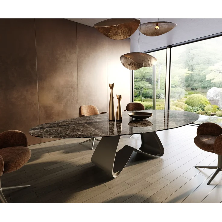 Esstisch Edge Oval 315x150 cm Keramik Emperador Extra Lucidato Dunkelbraun W-Gestell Metall Effektfinish Titan – Bild 1