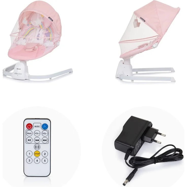 Chipolino Babywippe Oasis Fernbedienung, Timer, Moskitonetz, Gurt, Plüschtiere pink – Bild 3