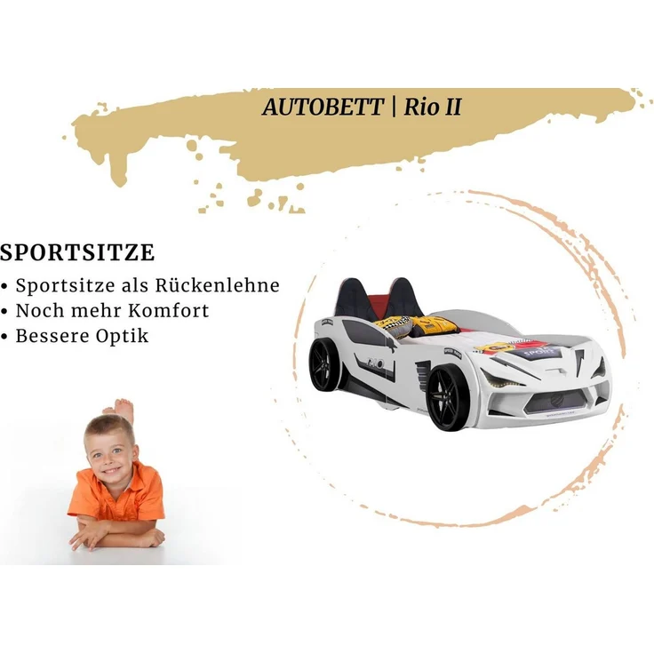 Aileenstore Autobett Rio II (3 teilig), Kinderbett 90 x 200 cm, inkl. Lattenrost, Heckspoiler LED-Beleuchtung – Bild 3