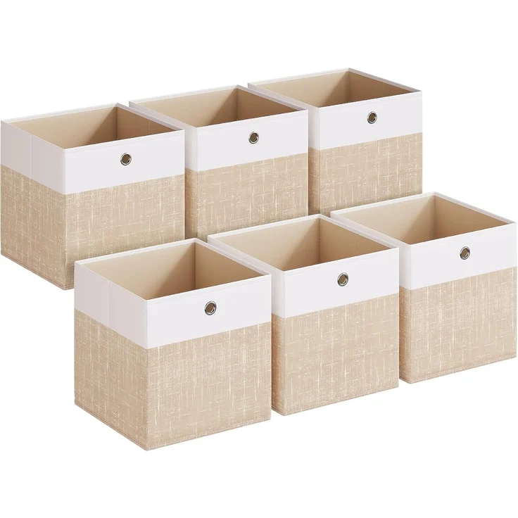 SONGMICS Aufbewahrungskörbe, 6er Set, faltbare Stoffboxen mit PP-Platten, für Regal, 30 x 30 x 30 cm, weiß-beige – Bild 1