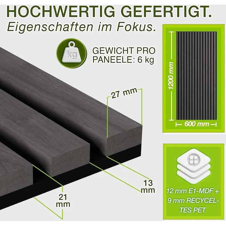 TRESKO® 2 Stück Akustikpaneele Holz 120×60 cm inkl. 4x Kleiderhaken | Wandverkleidung Eiche Anthrazit als 3D Lamellenwand | Holzpaneele Paneele für Schallschutz | Akustik Wandpaneele mit Montageset – Bild 2