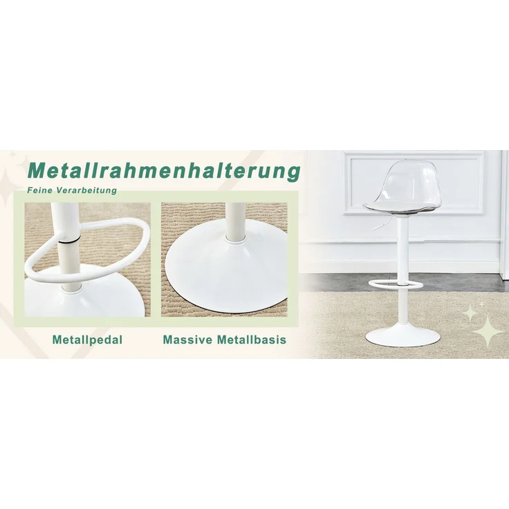 2er-Pack verstellbarer Balkenstuhl: transparente Rückenlehne + weiße Metallbeine, höhenverstellbar von 82–104 cm, 360 ° Drehung.--Transparent, Weiß--50x40.5x40.5cm--YOUDENOVA – Bild 5