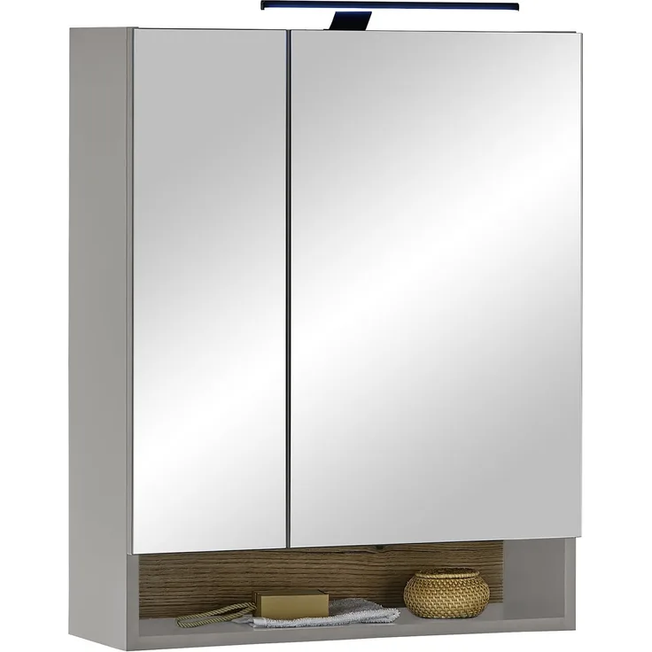 Badezimmerspiegelschrank >Denver< LED, Steckdose, grau matt / evoke eiche Dekor - 60x75x22 (BxHxT)