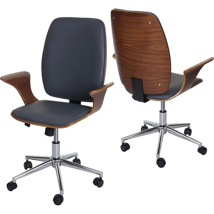 Bürostuhl HWC-C54, Chefsessel Drehstuhl, Bugholz Kunstleder ~ Walnuss-Optik, Bezug grau
