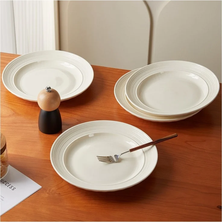 JIWOO Teller 4er Ø25cm, Frühstücksteller Salatteller Steakteller Dessertteller, (4 St), Keramik Tellerset Beige Mikrowellen spülmaschinenfest Ø25,4cm – Bild 3
