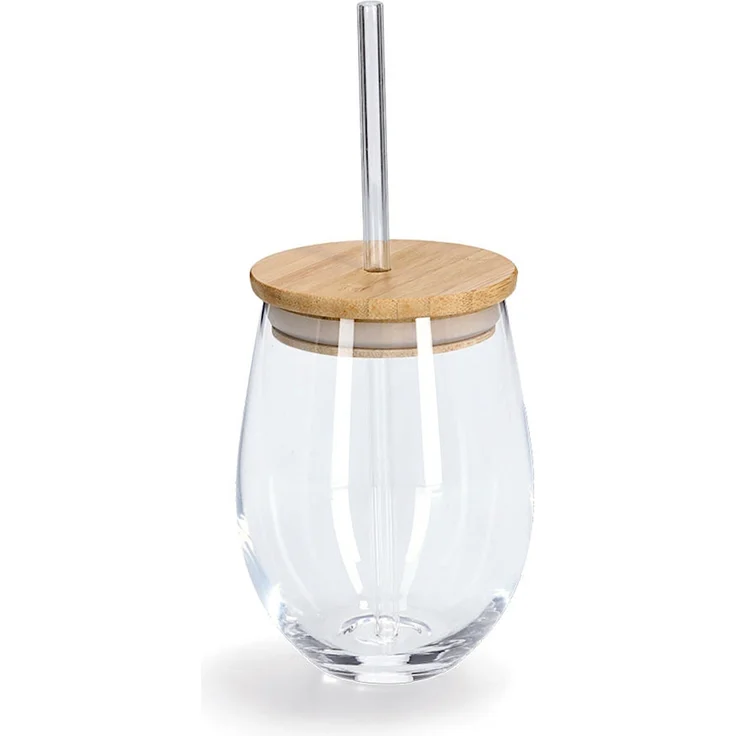 ZELLER 19647 Trinkglas mit Bambusdeckel und Glasstrohhalm, Ø 9,2 x 12,6 cm – Bild 1