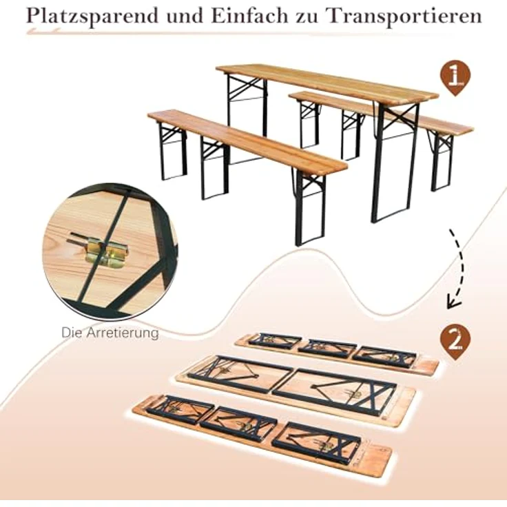 Ball & Cast Bierzeltgarnitur 3-teilig, Biertisch Klapptisch mit 2 Sitzbänken, Camping Tisch faltbar, Wetterfester Kiefer Massiv, Natur, 175 cm – Bild 3