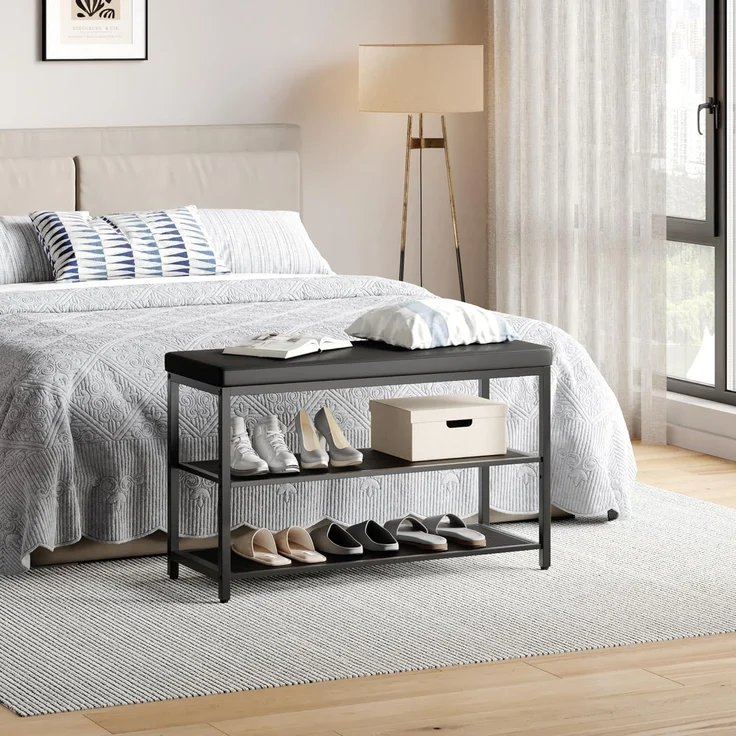 Mondeer Schuhbank Schuhregal (3-stufiges), Gepolsterte Bank mit Kissen und Netzregalen, 80 x 50 x 30 cm – Bild 6