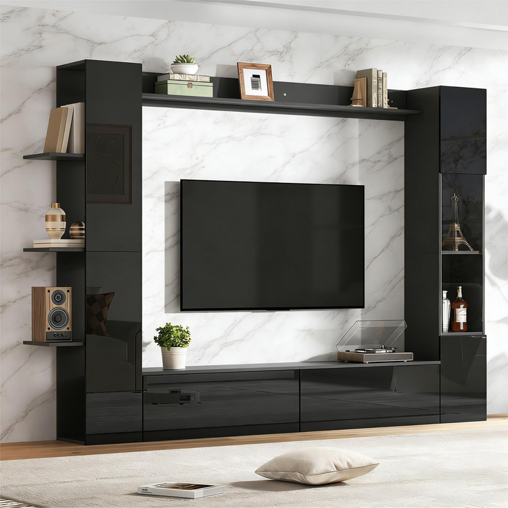 Wohnwand , Vitrinen Türanschlag wechselbar,(Set, 4-St), Kompaktwohnwand mit viel Stauraum,TV-Schrank, Vitrine, Aufbewahrungsschrank, speziell für das Wohnzimmer,Schwarz--Schwarz--245x30x170cm--YOUDENOVA – Bild 9