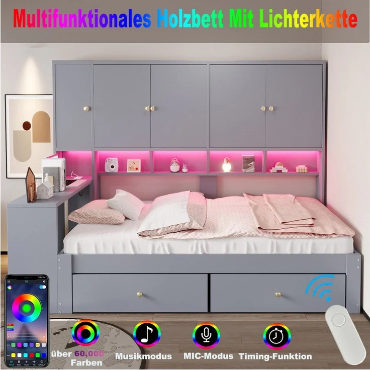 i@home Funktionsbett Multifunktionales Holzbett 90x200 cm Einzelbett, Jugendbett, Grau (LED-Beleuchtung sowie Steckdosen, Bettgestell für Jugendzimmer), integrierter Schreibtisch, mehrere Schränke, Ablagefächer & Schubladen – Bild 2