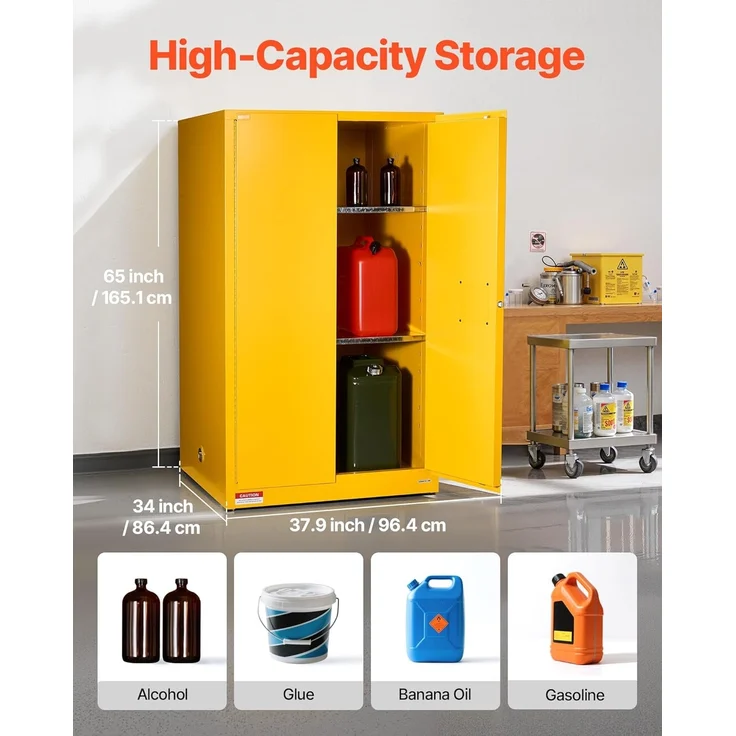 VEVOR Feuerlöschschrank feuerlöschfähiger brennbarer Lagerschrank (246 L) mit verstellbarem Regal, Feuerlöschschränke aus kaltgewalztem und verzinktem Stahl, Gelb Schutzschrank Gefahrstoffschrank – Bild 4