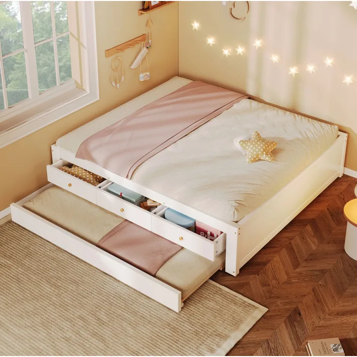 Holzbett 140x200 cm in Weiß mit 3 Schubladen und ausziehbarem Gästebett – Ohne Matratze