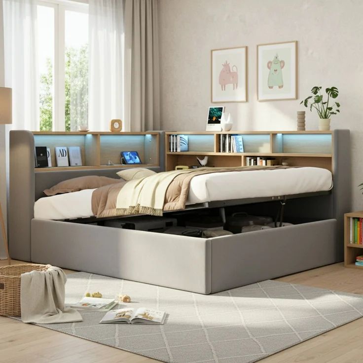 Daybett 140x190 cm mit hydraulischem Stauraum, Polsterbett, Tagesbett, Schlafsofa mit LED, USB & Rückenlehne, Samt, grau – Bild 3