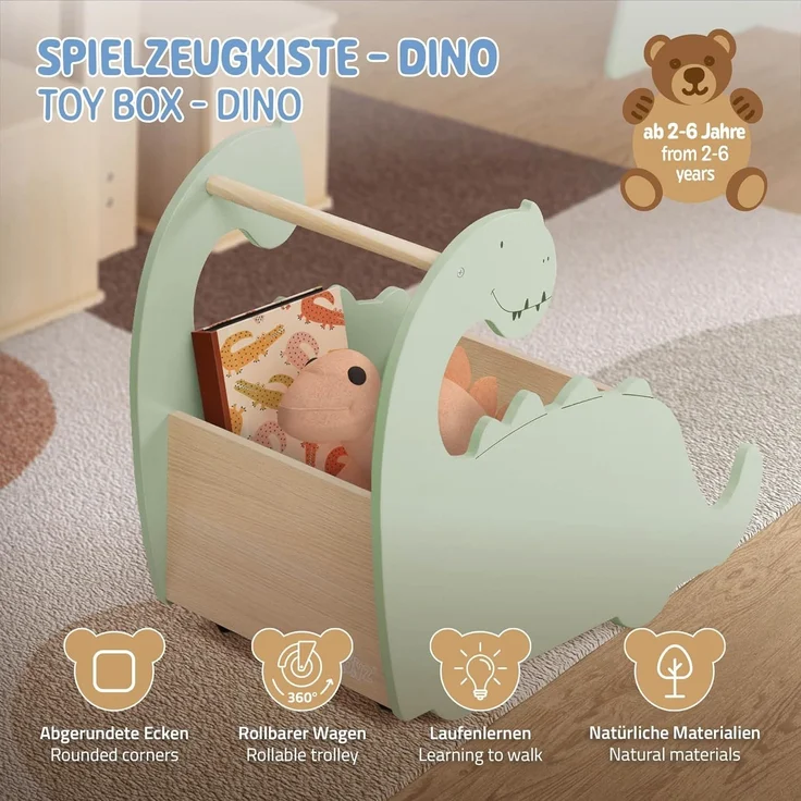 Joyz Spielzeugtruhe Kinderregal Kindermöbel Kinderzimmerregal Spielzeug Spielzimmer Möbel, Dino Spielzeugkiste mit 4 Rollen ideal als Lauflernwagen MDF / Kiefe – Bild 2