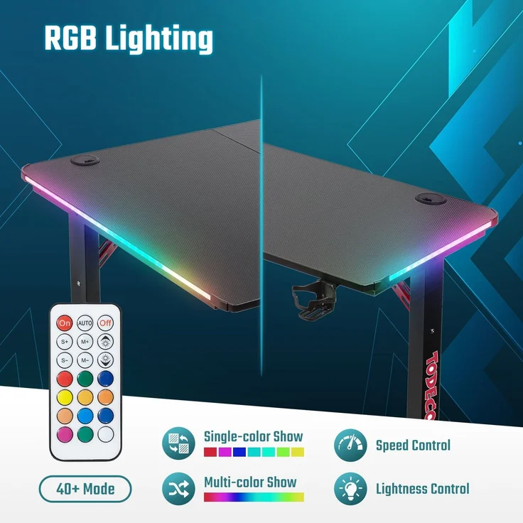 Todeco L-förmiger Gaming-Computertisch mit LED-Leuchten, Eckschreibtisch 140 x 100cm Gaming Schreibtisch, PC Tisch Gaming mit Kohlefaseroberfläche, mit Kopfhörerhaken Getränkehalter – Bild 4