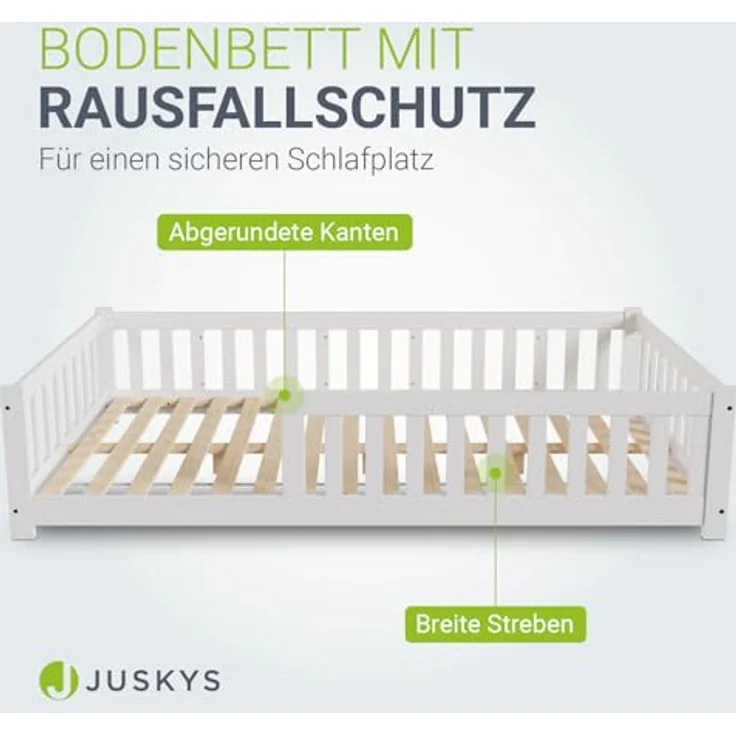 Juskys 'Naya' Kinderbett - mit Matratze, Rausfallschutz & Lattenrost - Bodenbett für Kinder 3 -10 Jahre - Holz Weiß, 120x200 cm – Bild 6