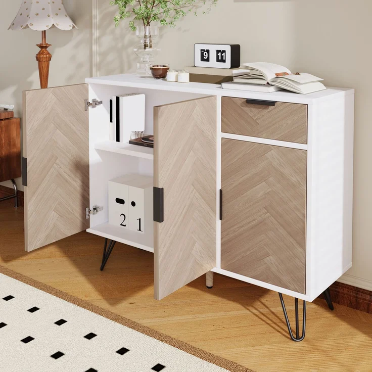 Merax Moderner Aufbewahrungsschrank, Sideboard in Weiß und Holzoptik mit Schublade und höhenverstellbaren Einlegeböden (90 x 30 x 71,5 cm) – Bild 6
