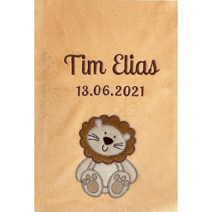 KIDDI-MEDIA Babydecke mit Name und Geburtsdatum Bestickt/kuschelig weich / 1A Qualität (Apricot - Löwe)