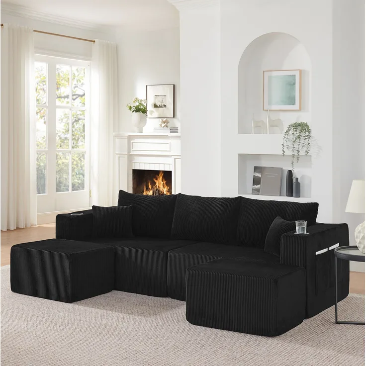 3-Sitzer Ecksofa aus Cordstoff mit beweglichen Ottomanen, Getränkehaltern und Seitentaschen, 230×138×75 cm, Schwarz