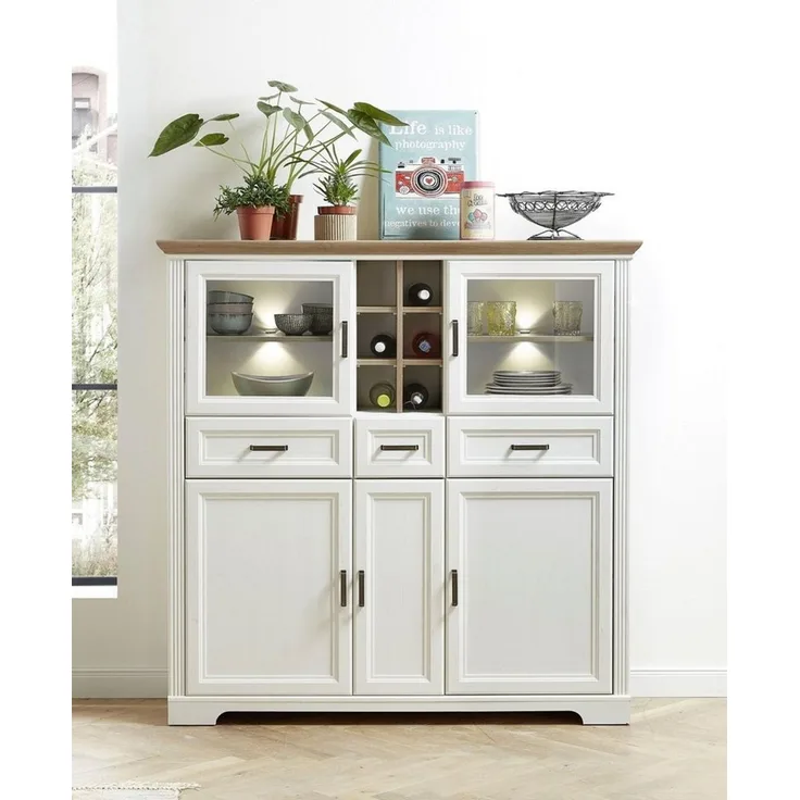 Highboard Jena / Jasmin, Holzwerkstoff, Weiß, 143 x 150 x 42 cm