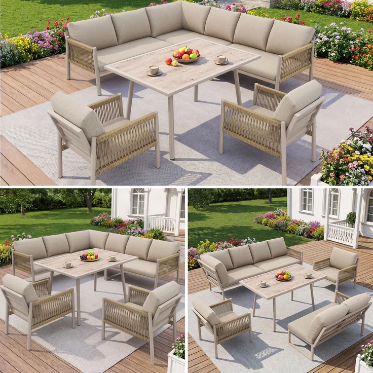 Merax Gartenlounge-Set 6 teilig für 7-8 Personen, Gartenmöbelset mit Kissen, Tisch mit Holzoptik-Glasplatte, Sofagarnitur Terassenmöbelset, Beige – Bild 3
