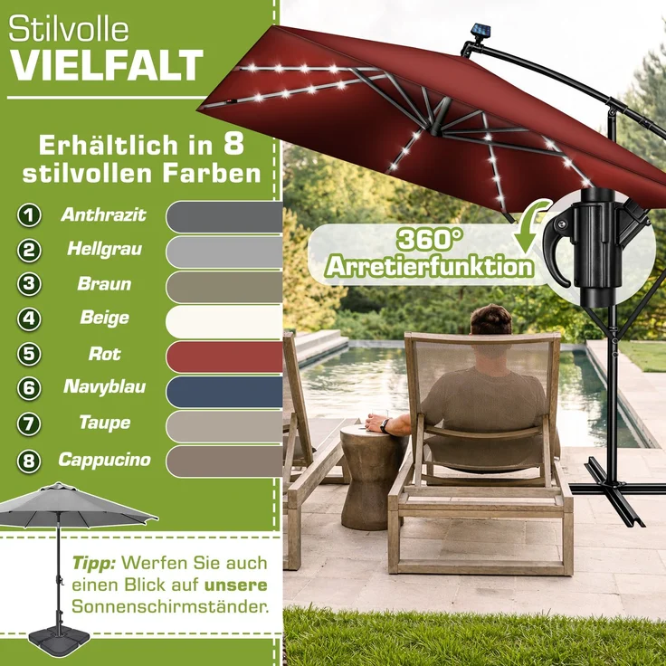 tillvex® Alu Sonnenschirm Rechteckig Ø 330 cm mit LED Solar Rot + Abdeckung mit Kurbel | Ampelschirm mit Ständer & Windschutz | Gartenschirm UV-Schutz, wasserdicht, 360° drehbar | Kurbelschirm Marktschirm – Bild 10